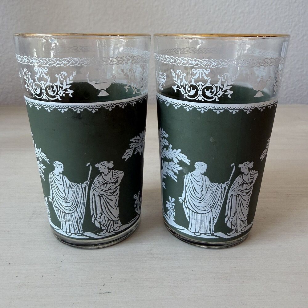 Set of 2 Vintage Jeanette Juice Glass Green Hellenic Jasperware Style Gold Rim